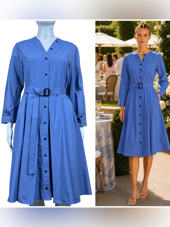 MaxMara Dresses & Skirts - ’S MaxMara Belted Midi Shirt Dress Size 6 Blue Pockets Button Front Preppy